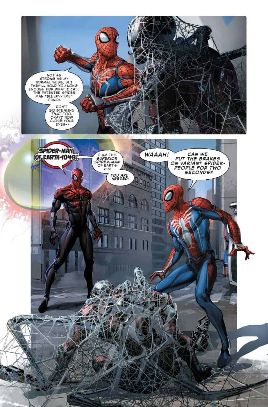 Spider-geddon 桌布 壁紙 — 蜘蛛俠在一個帶有對話氣泡和城市背景的漫畫格中與一個被蛛網包裹的敵人戰鬥。