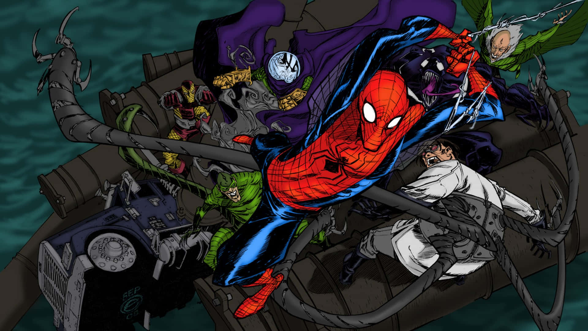 Sinister Six 桌布 壁紙 — 蜘蛛俠在一艘沉船上與多個反派戰鬥的動態漫畫動作場景。