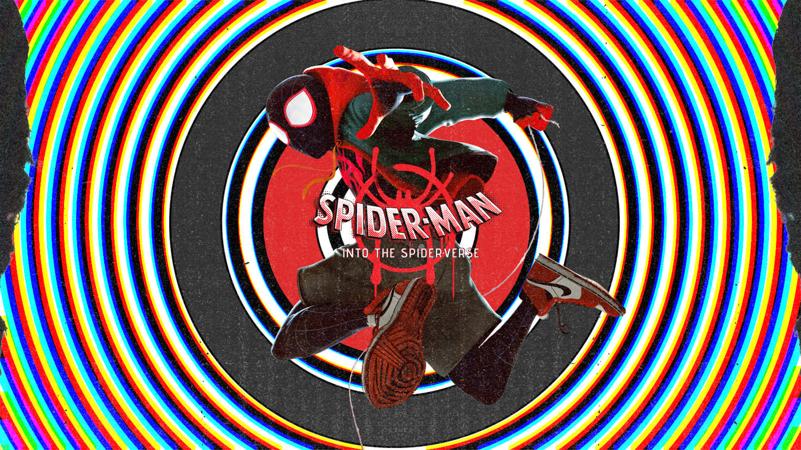 Miles Morales 動漫 桌布 壁紙 — 蜘蛛俠在充滿活力的彩虹螺旋背景上動態跳躍，帶有粗體漫畫文字。