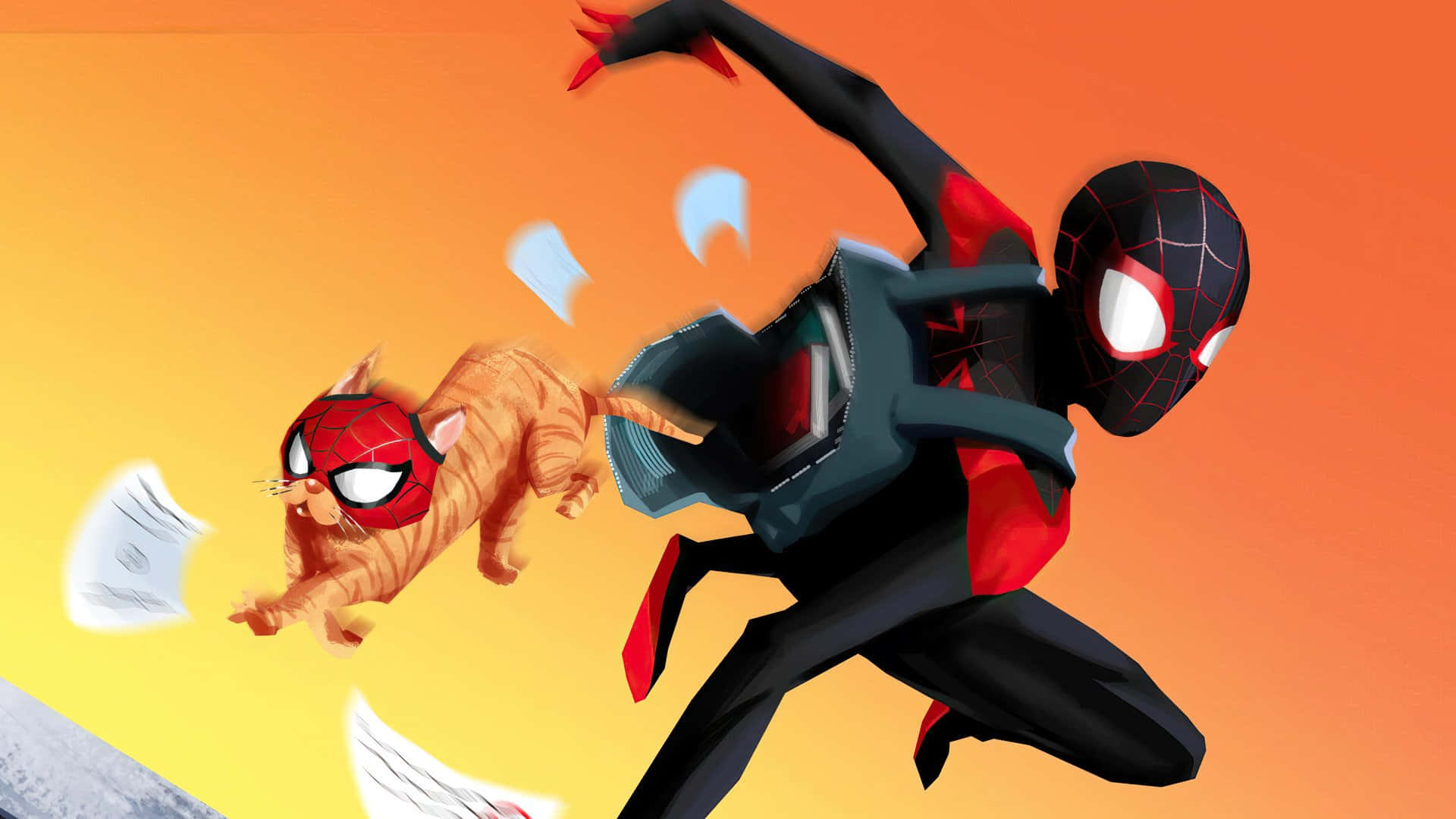 Miles Morales 動漫 桌布 壁紙 — 蜘蛛俠在充滿活力的橙色天空中擺盪，同時追逐一隻戴著蜘蛛俠面具的貓。