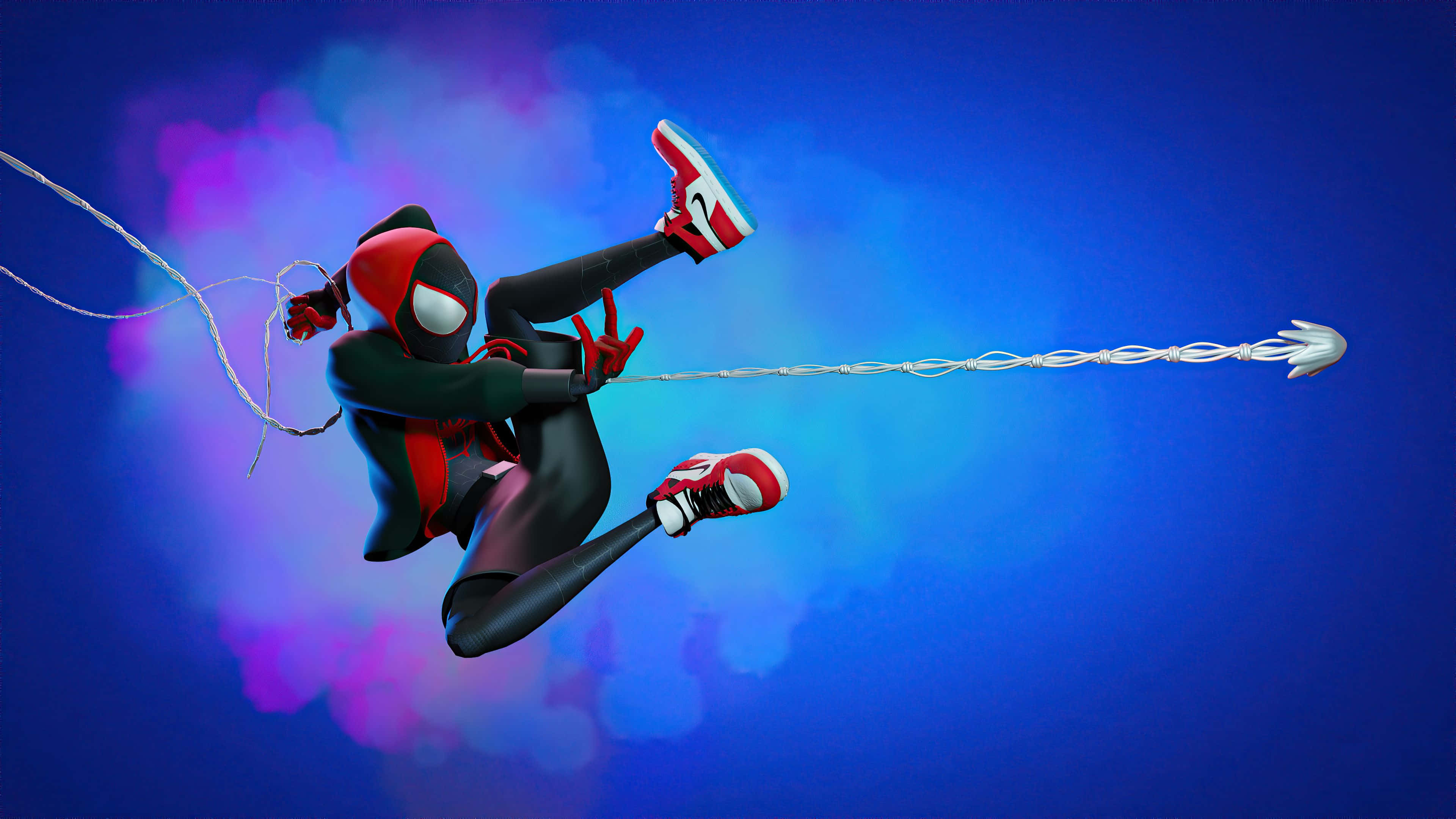 Spider-man Web Shooter 桌布 壁紙 — 蜘蛛俠在充滿活力的藍色和紫色霓虹燈城市景觀中動態擺盪，帶有發光的蛛網線條。