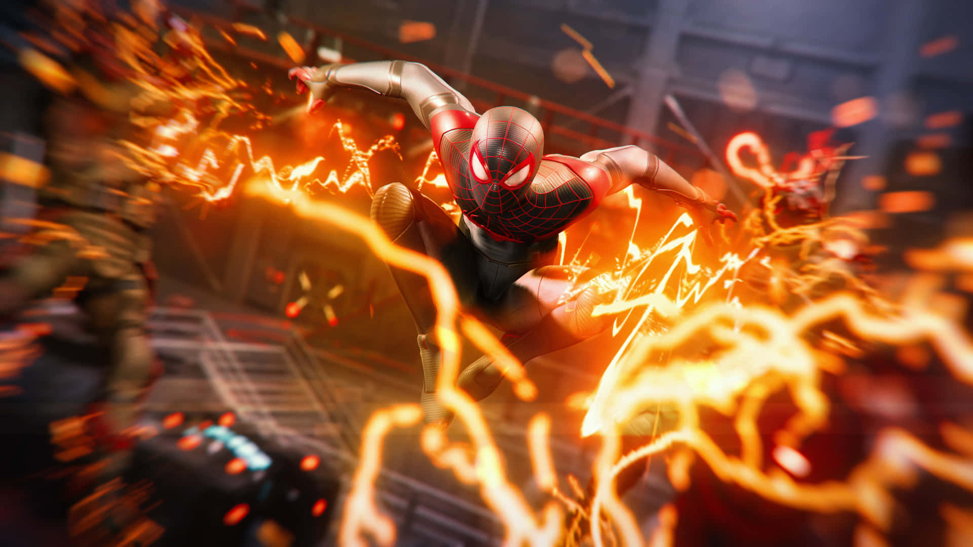 Ps5 Games 桌布 壁紙 — 蜘蛛俠在充滿火焰的城市場景中擺盪，電能在周圍噼啪作響，擺出動態的動作姿勢。
