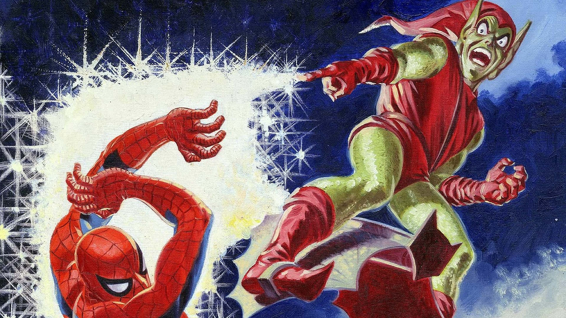 Norman Osborn 桌布 壁紙 — 蜘蛛俠在動態漫畫插圖中躲避綠色皮膚反派發出的發光能量衝擊波。