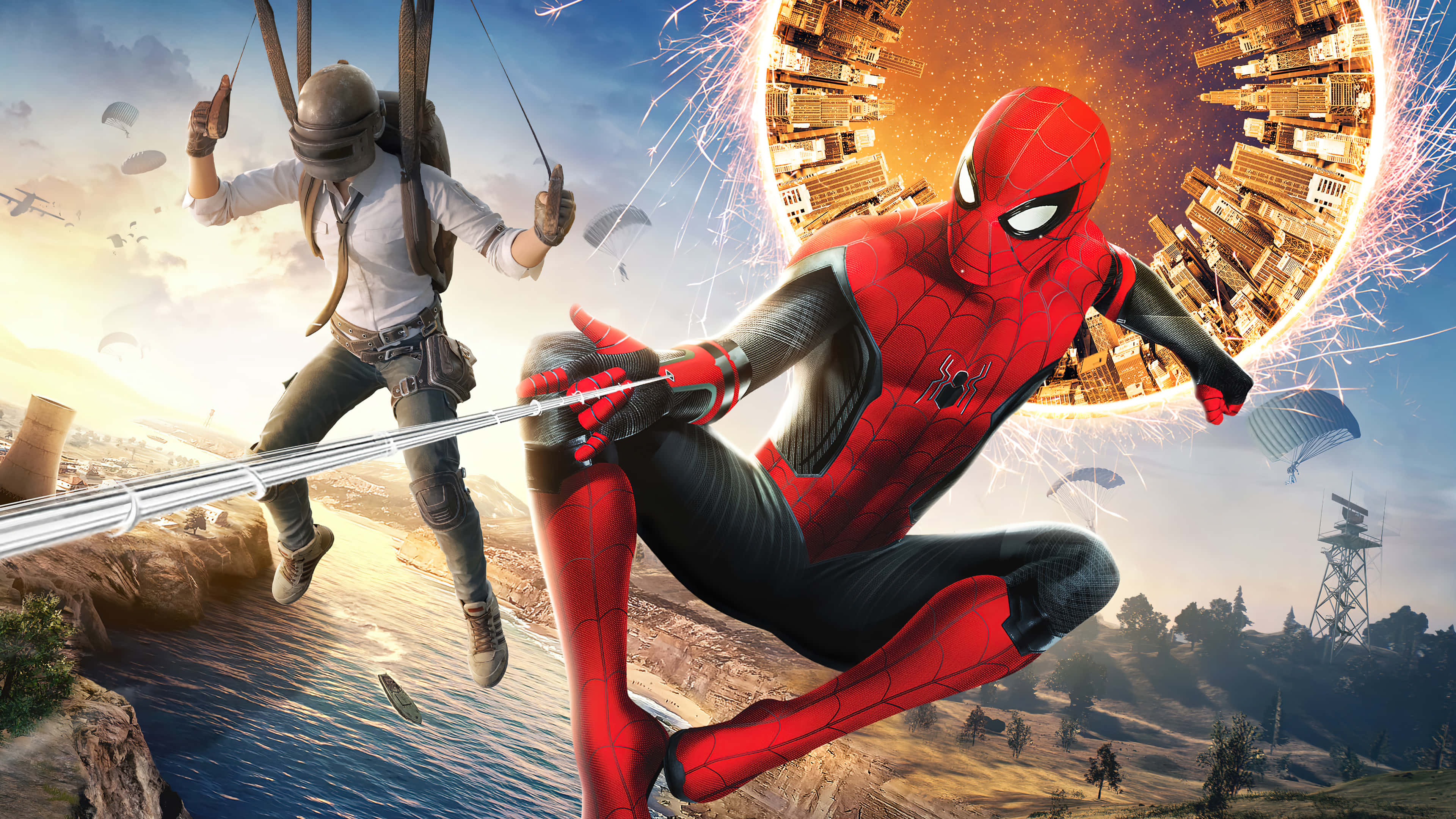 Spider Man No Way Home 桌布 壁紙 — 蜘蛛俠在城市景觀中擺盪，一名跳傘者在他旁邊滑翔，背景是發光的城市環。