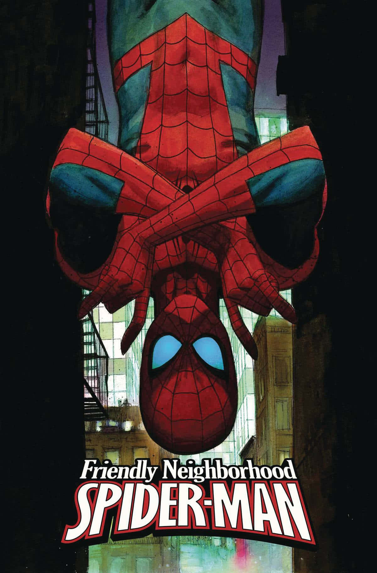 Friendly Neighborhood Spider-man 桌布 壁紙 — 蜘蛛俠在城市的後巷倒掛，擁有發光的藍色眼睛和紅藍色戰衣。