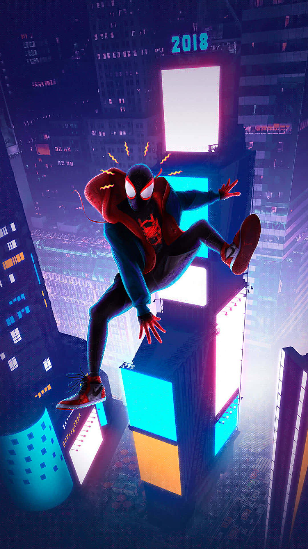 Miles Morales 動漫 桌布 壁紙 — 蜘蛛俠在夜晚的未來城市景觀中，在發光的霓虹摩天大樓之間動態擺盪。