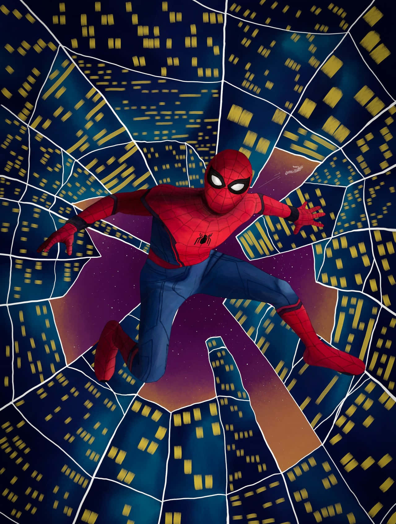 Friendly Neighborhood Spider-man 桌布 壁紙 — 蜘蛛俠在夜晚穿過一個風格化的城市景觀，窗戶發光，天空呈現宇宙紫色。