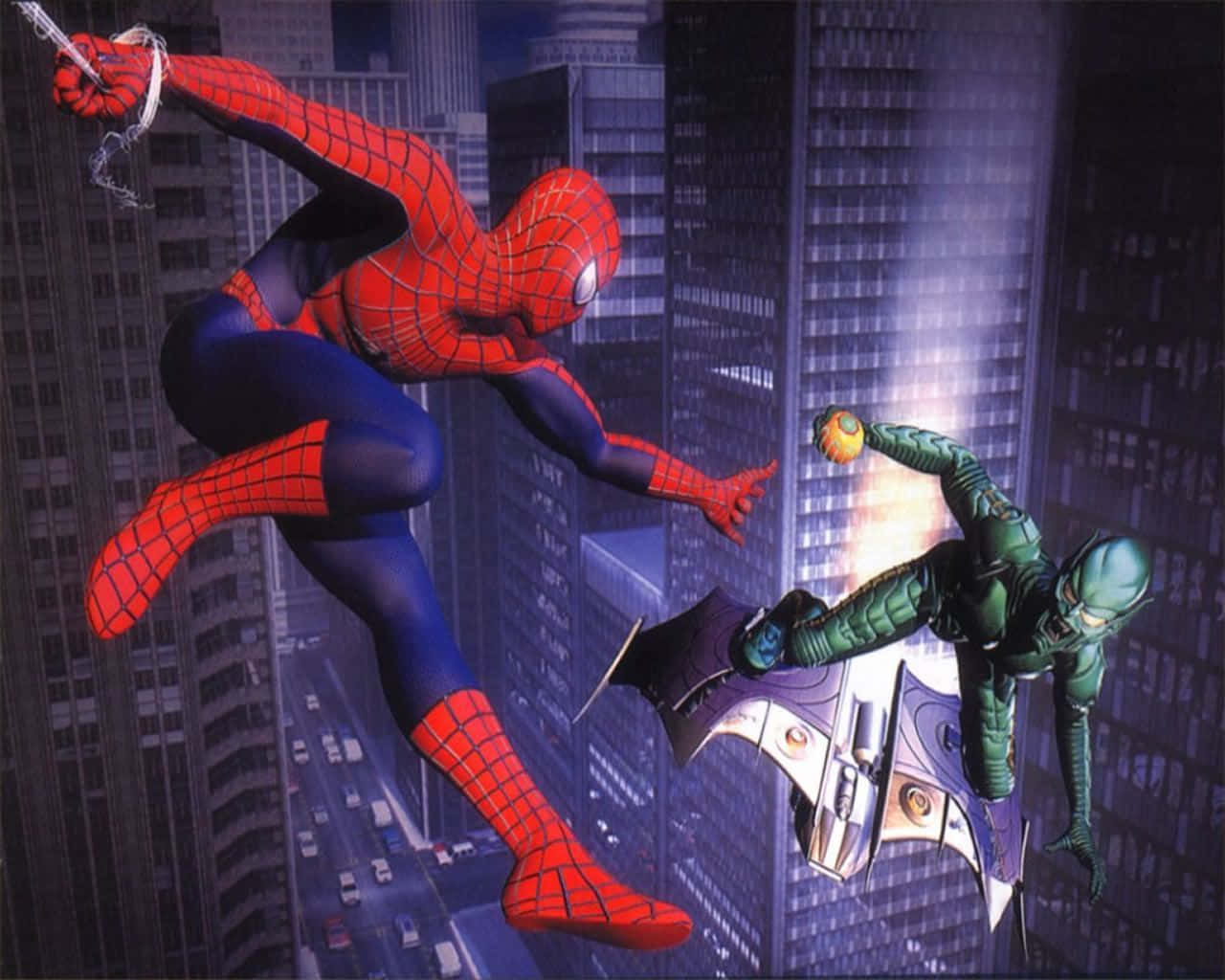 Norman Osborn 桌布 壁紙 — 蜘蛛俠在夜晚穿過霓虹燈照亮的城市景觀，在半空中與身穿綠色西裝的惡棍戰鬥。