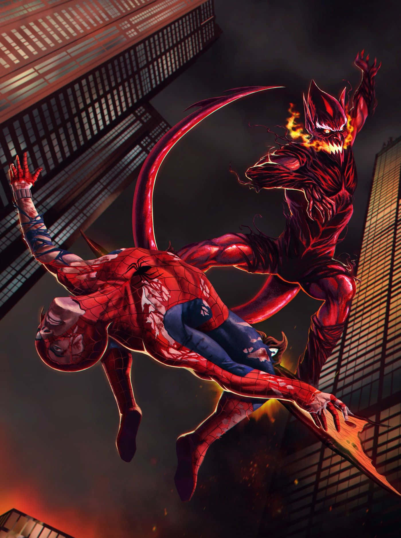 Norman Osborn 桌布 壁紙 — 蜘蛛俠在夜晚高聳的城市建築中與一條彎曲尾巴的火紅惡魔戰鬥。