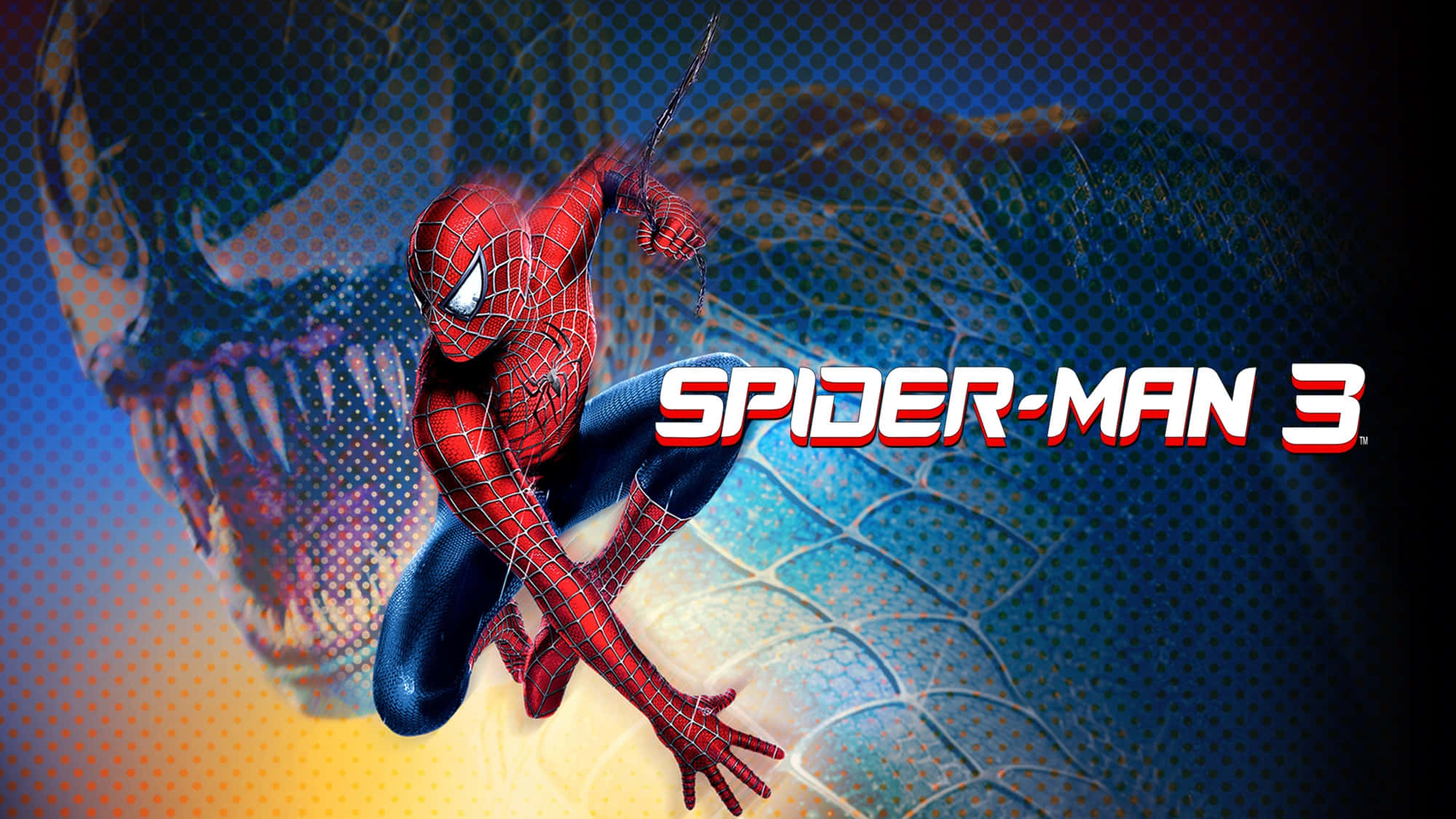 Spider Man 3 桌布 壁紙 — 蜘蛛俠在帶有發光眼睛和蜘蛛網圖案的威脅性猛毒背景下動態擺盪。