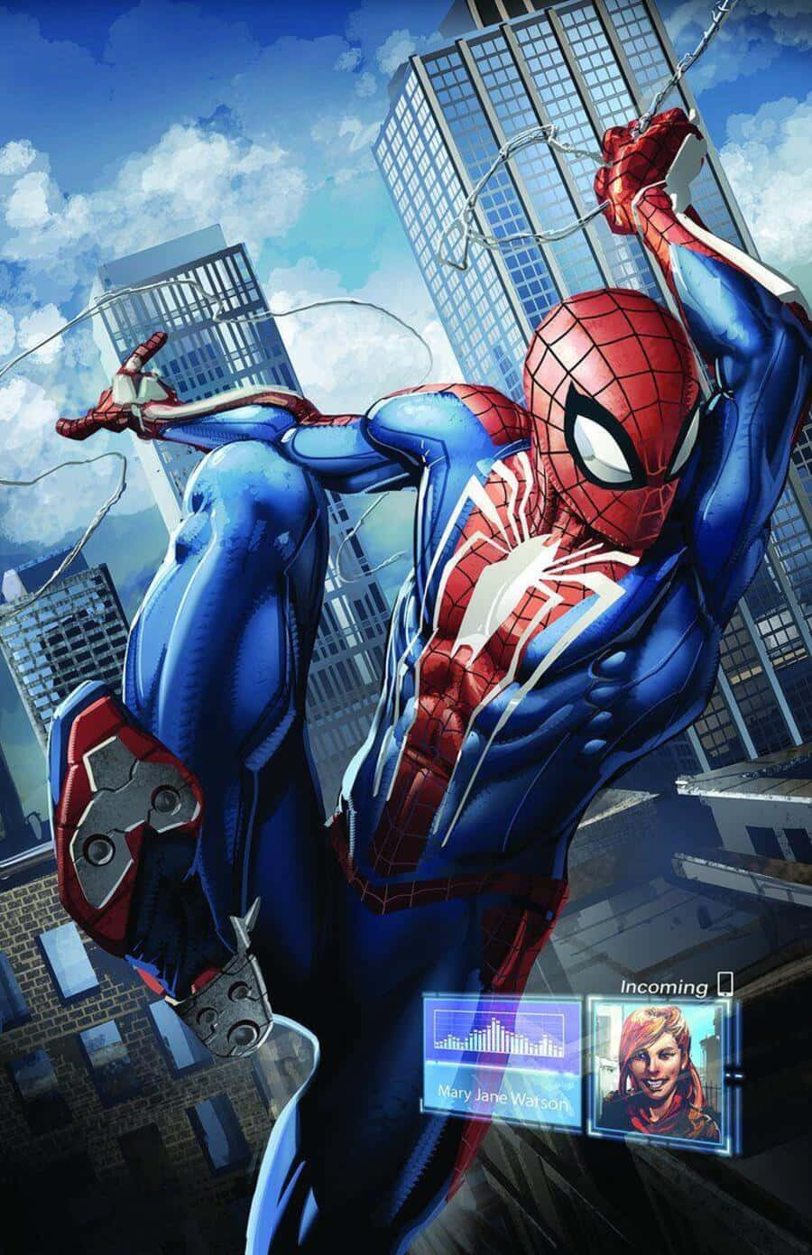 Spider-geddon 桌布 壁紙 — 蜘蛛俠在明亮的藍天上，於高聳的玻璃摩天大樓上方動態擺盪，身後拖著蛛網線。