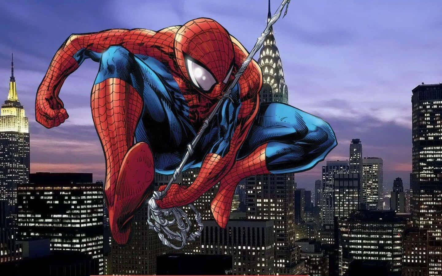 Spider-geddon 桌布 壁紙 — 蜘蛛俠在暮色城市景觀中擺盪，摩天大樓在紫色天空下亮起燈光。