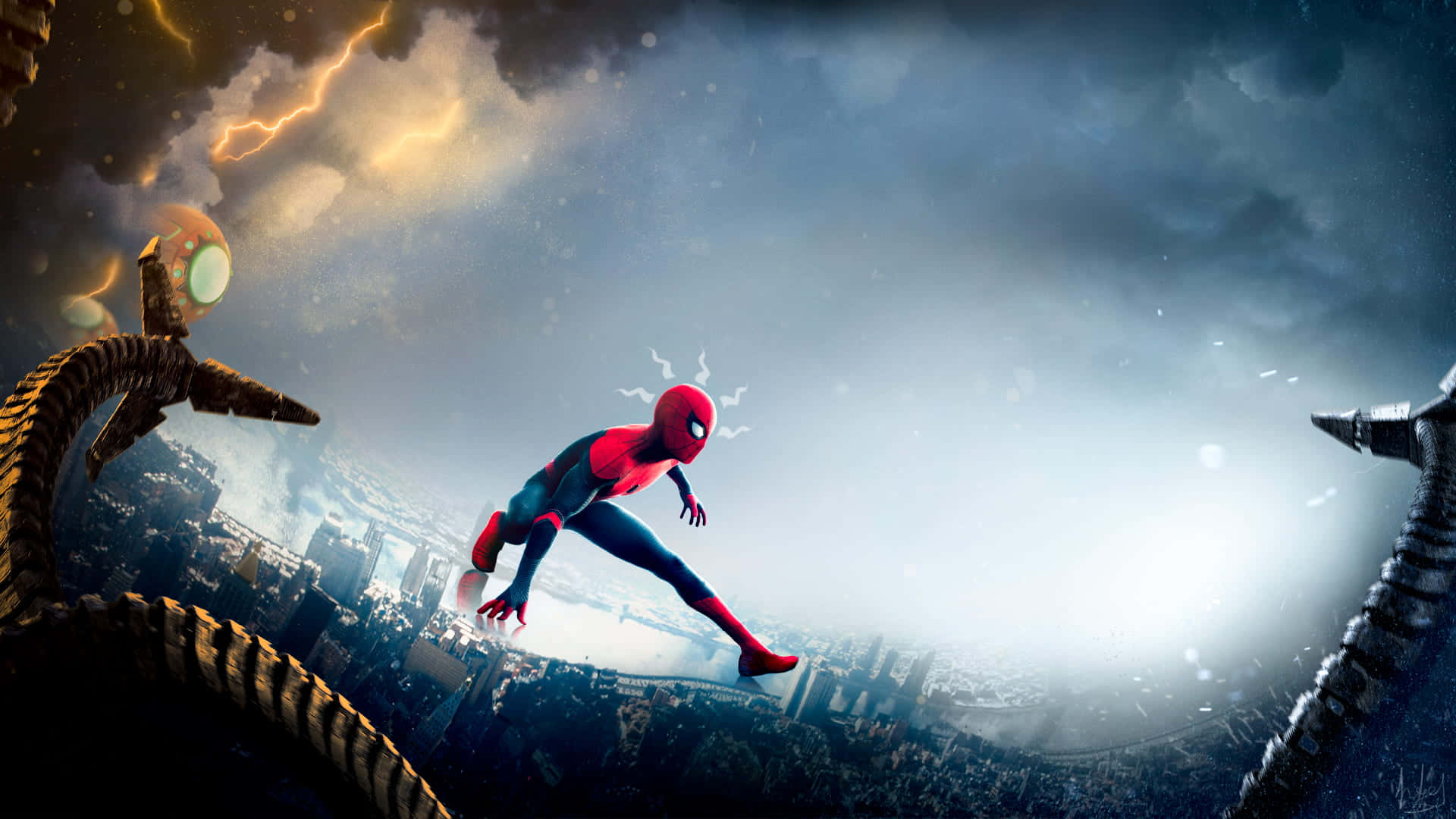 Spider-man Spider Sense 桌布 壁紙 — 蜘蛛俠在暴風雨的城市景觀中擺盪，巨大的觸手在戲劇性的天空背景下籠罩頭頂。