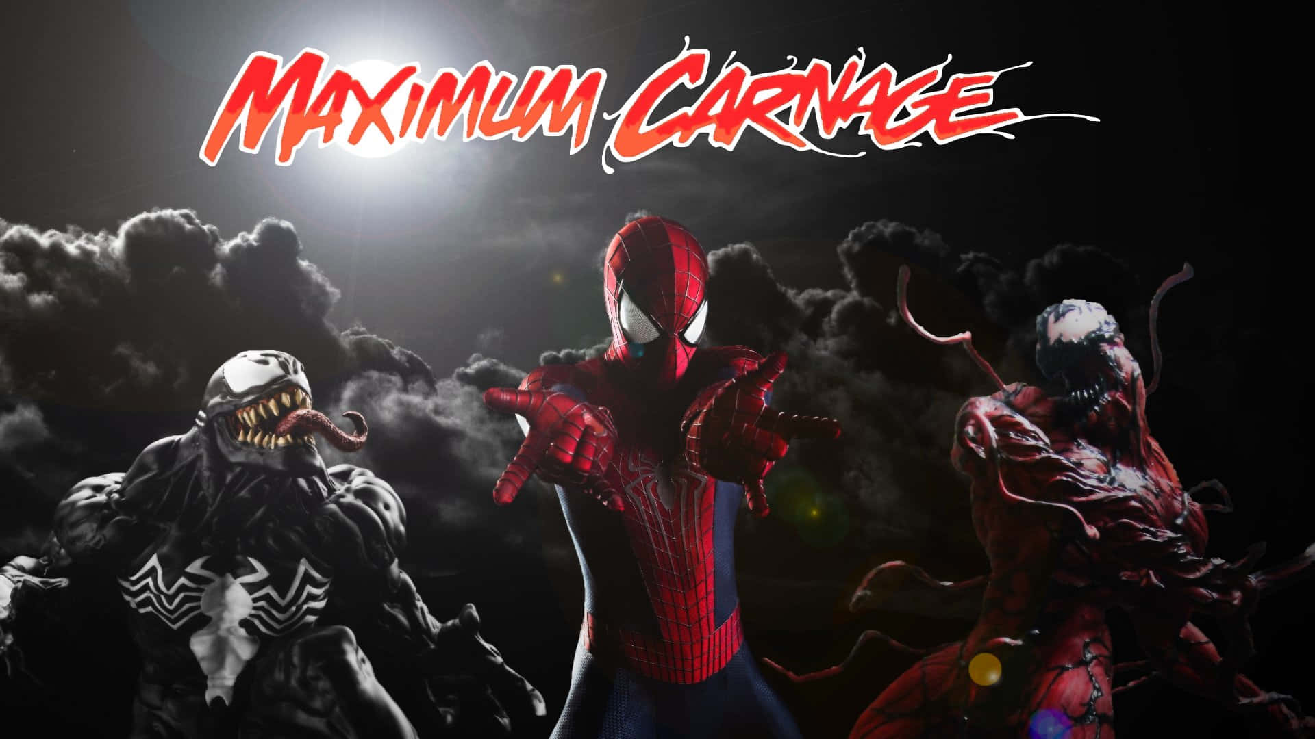 Maximum Carnage 桌布 壁紙 — 蜘蛛俠在暴風雲背景下，於戲劇性聚光燈下與毒液和屠殺對峙。