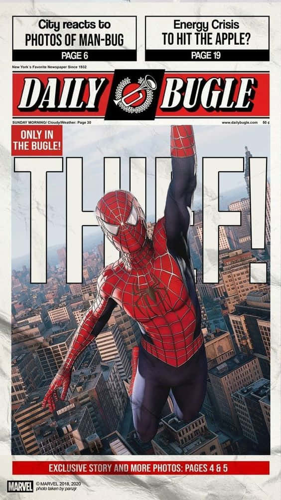 Daily Bugle 桌布 壁紙 — 蜘蛛俠在標題為「THIEF!」的報紙頭版上，於城市景觀上方擺盪，頭條關於人蟲和能源危機。