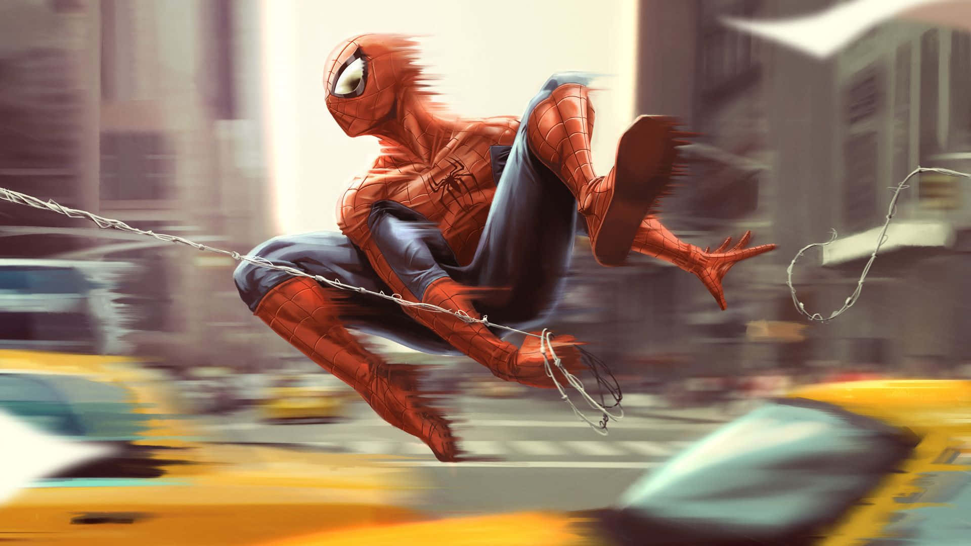 Spider-man Web Slinging 桌布 壁紙 — 蜘蛛俠在模糊的城市景觀中動態擺盪，下方黃色的士疾馳而過。