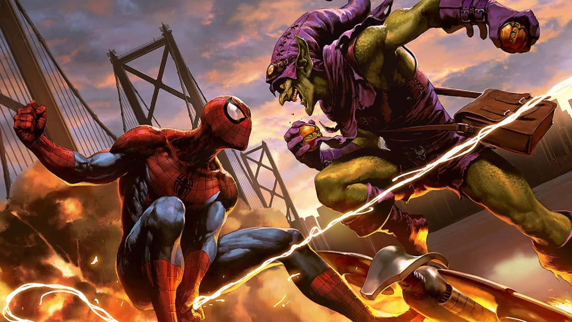 Norman Osborn 桌布 壁紙 — 蜘蛛俠在橋附近戲劇性的日落天空下，在熾熱的爆炸中與綠惡魔交鋒。