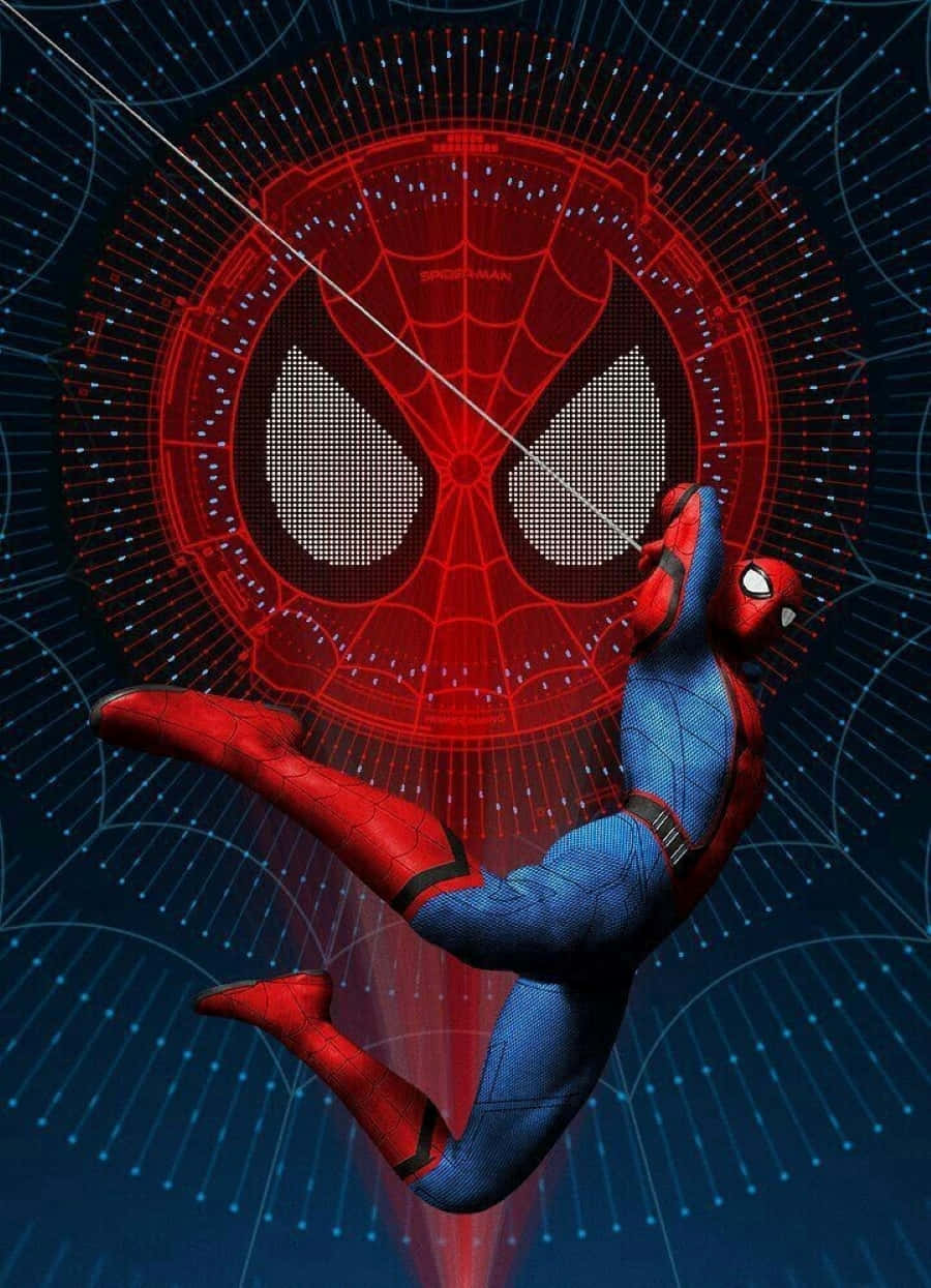 Friendly Neighborhood Spider-man 桌布 壁紙 — 蜘蛛俠在深藍色科技網格背景上，對著發光的紅色數位蜘蛛標誌動態擺盪。