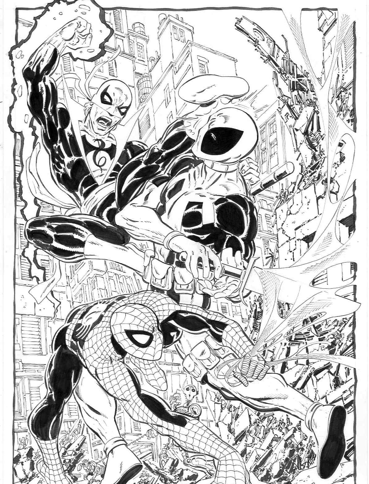 Black And White Comic 桌布 壁紙 — 蜘蛛俠在混亂的城市街頭鬥毆中與兩個共生體反派戰鬥，以大膽的黑白漫畫藝術呈現。