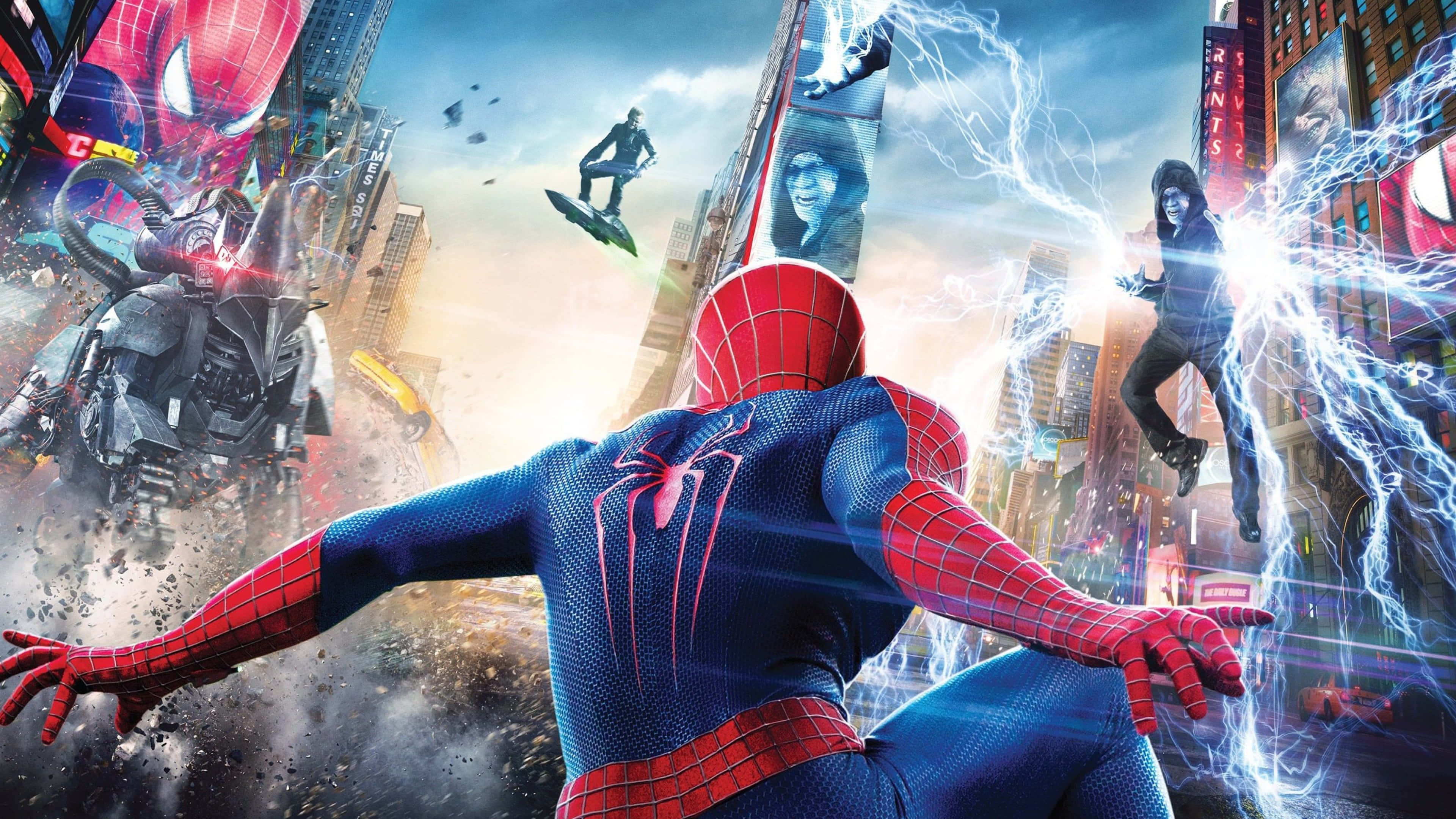 4K Marvel 壁紙 桌布 壁紙 — 蜘蛛俠在混亂的紐約城市景觀中跳躍，閃電劃過，惡棍在高聳的摩天大樓間攻擊。