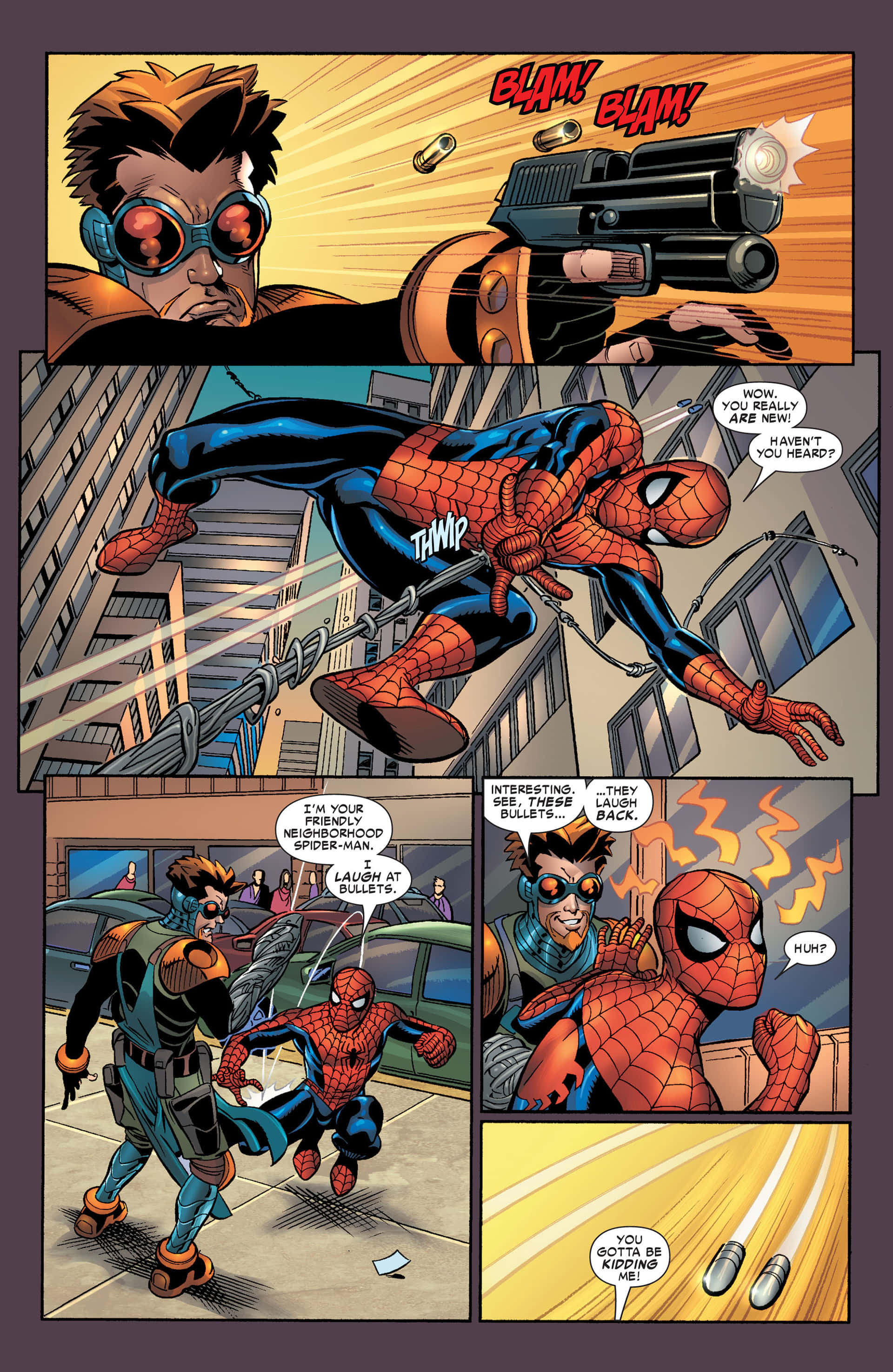 Friendly Neighborhood Spider-man 桌布 壁紙 — 蜘蛛俠在漫畫格中穿梭城市天際，躲避蒙面反派發射的子彈。