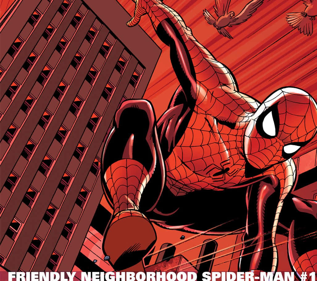 Friendly Neighborhood Spider-man 桌布 壁紙 — 蜘蛛俠在火紅的天空下，鳥兒在頭頂飛翔，動態地穿梭於高聳的建築物之間。
