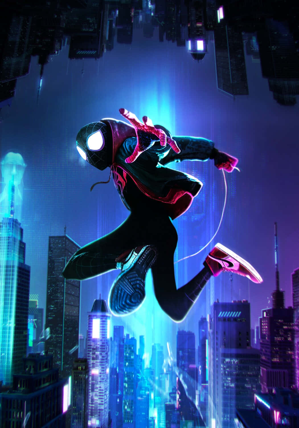 Miles Morales 動漫 桌布 壁紙 — 蜘蛛俠在發光的藍天下，穿過霓虹燈閃爍的倒置城市景觀中盪來盪去。