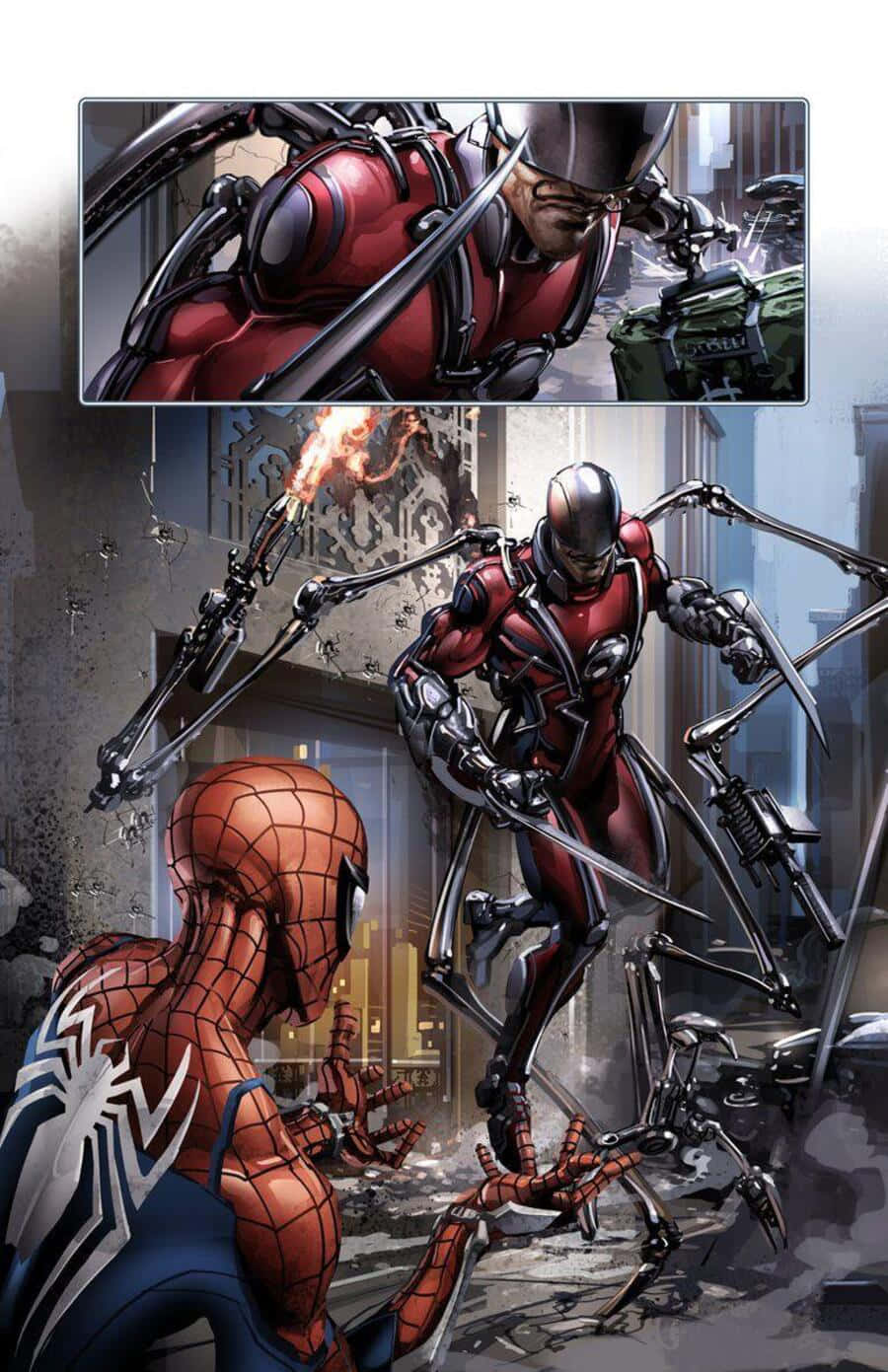 Spider-geddon 桌布 壁紙 — 蜘蛛俠在破碎的城市環境中面對一個帶有機械肢體的威脅性紅色和銀色裝甲反派。