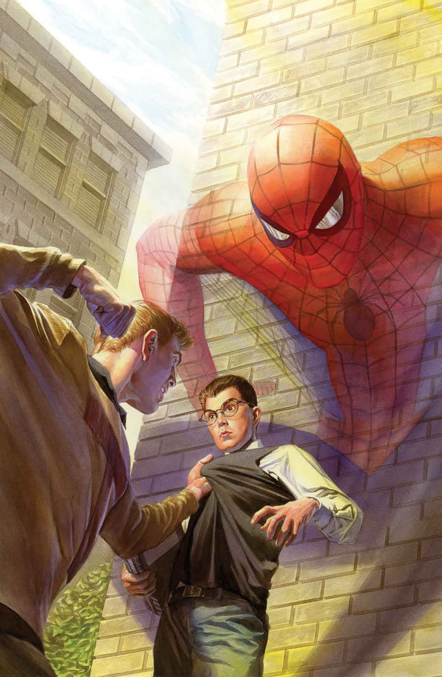 Flash Thompson 桌布 壁紙 — 蜘蛛俠在磚牆前顯得巨大，兩個男人在陽光照射的小巷中對峙。