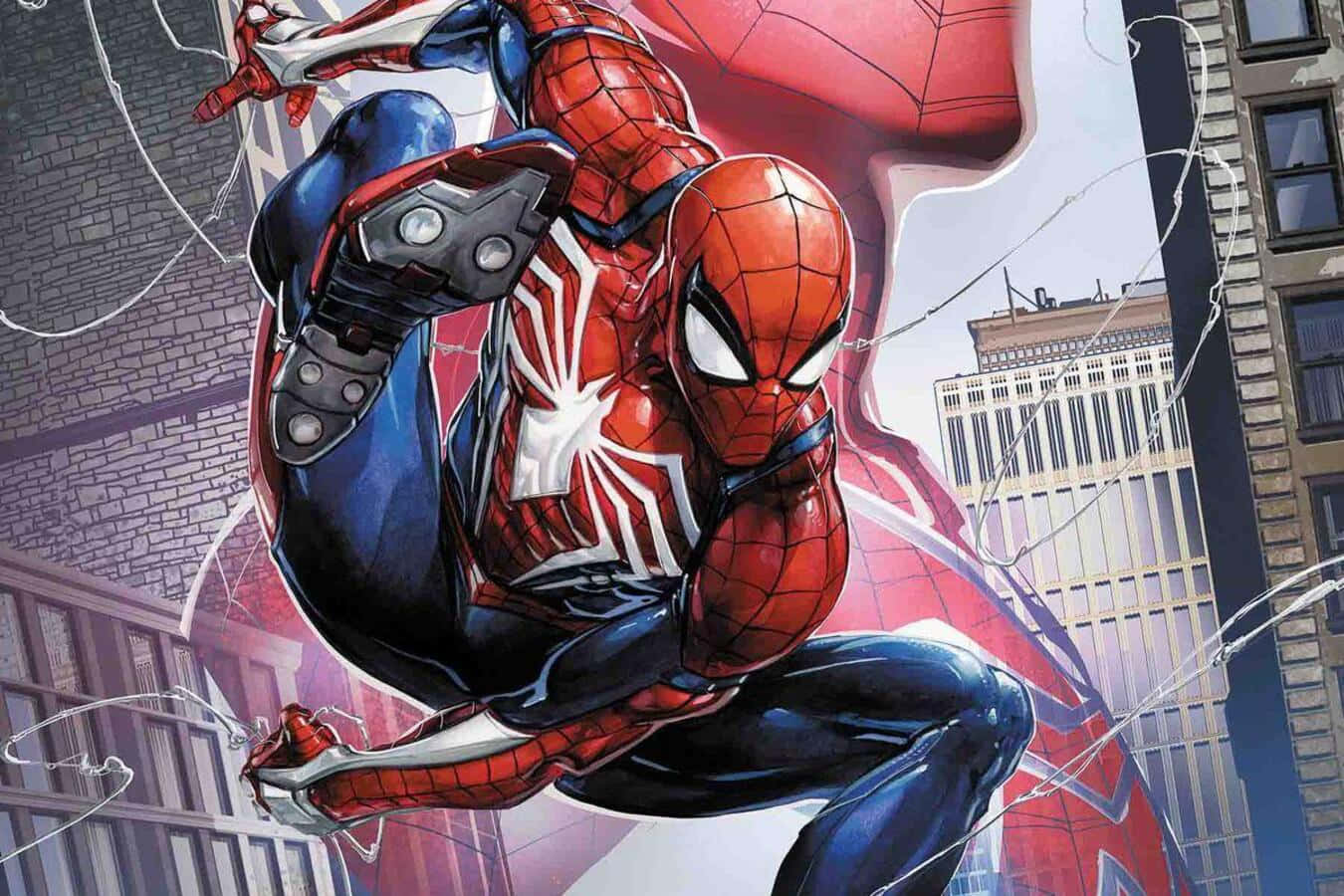 Spider-geddon 桌布 壁紙 — 蜘蛛俠在磚砌建築和玻璃摩天大樓之間動態擺盪，蜘蛛絲橫跨城市景觀。