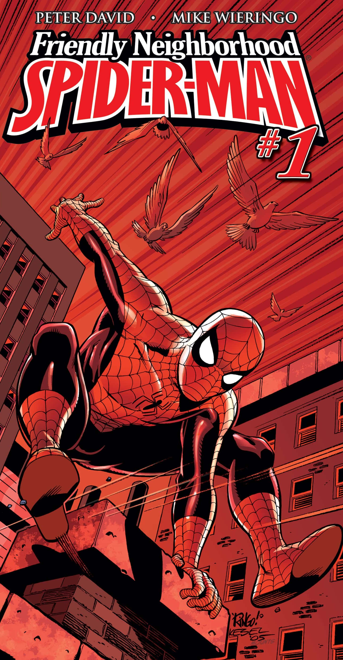 Friendly Neighborhood Spider-man 桌布 壁紙 — 蜘蛛俠在紅色調的城市景觀中擺盪，鳥兒飛過，形成一個動態的漫畫封面。