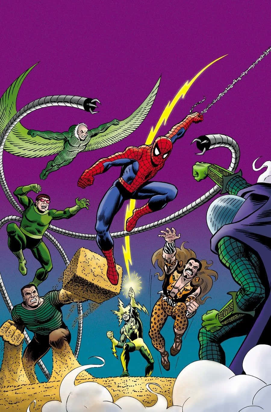 Sinister Six 桌布 壁紙 — 蜘蛛俠在紫色天空中擺盪，與包括章魚博士和沙人在內的多個反派戰鬥，呈現動態漫畫動作場景。