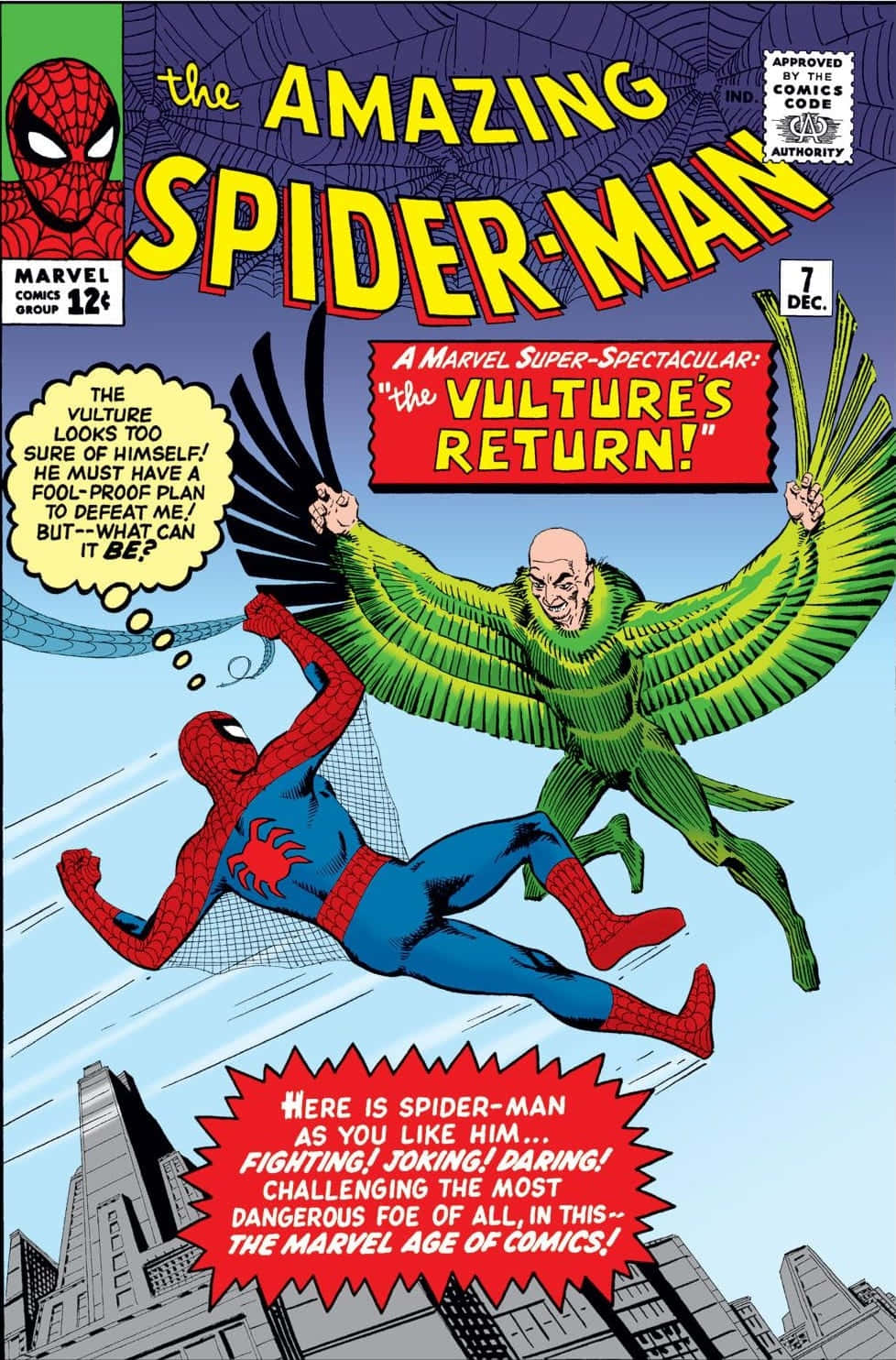 The Vulture 桌布 壁紙 — 蜘蛛俠在經典漫畫封面中，以鮮豔色彩和動態動作穿梭城市景觀，與禿鷹戰鬥。