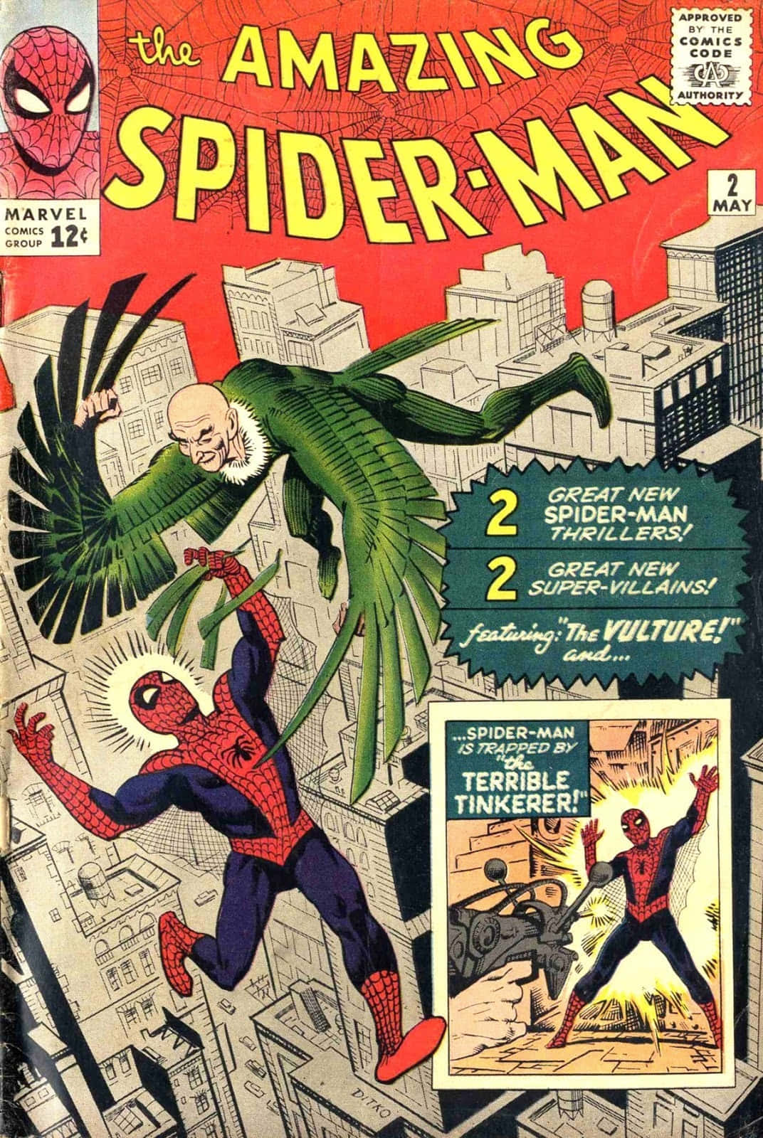 The Vulture 桌布 壁紙 — 蜘蛛俠在經典漫畫封面插圖中穿梭城市天際線與禿鷹戰鬥。