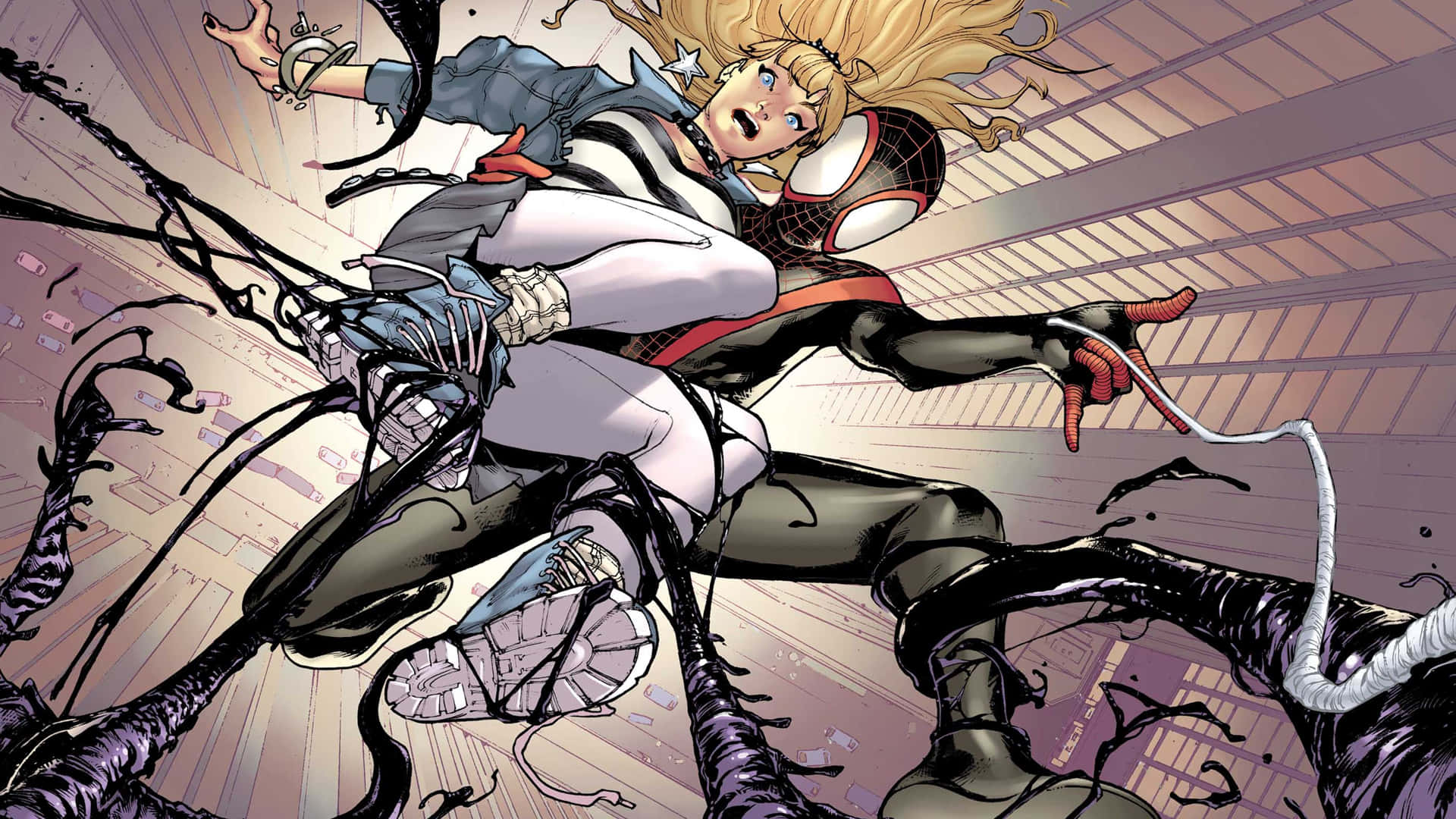 Ultimate Spider-man 桌布 壁紙 — 蜘蛛俠在都市景觀中擺盪，一名金髮女子身穿白色西裝，在混亂的黑色觸手間被他的蛛網纏住。