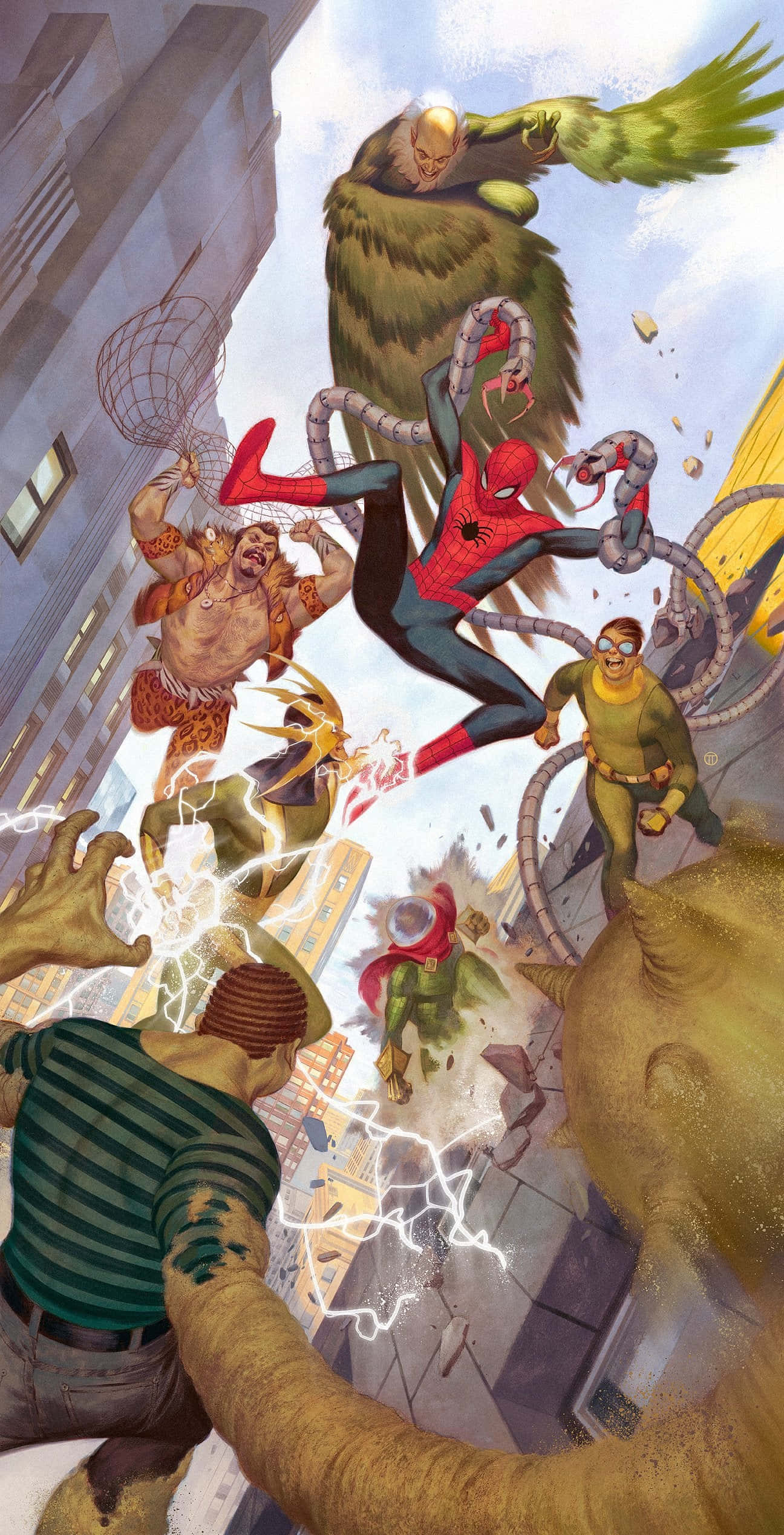Sinister Six 桌布 壁紙 — 蜘蛛俠在都市景觀中擺盪，躲避多個反派在混亂的漫畫戰鬥中的攻擊。