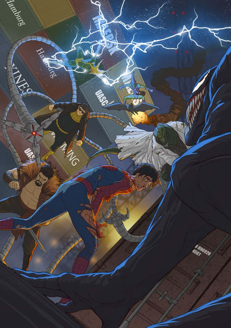 Sinister Six 桌布 壁紙 — 蜘蛛俠在閃電和爆炸的混亂夜間城市景觀中與毒液和其他反派戰鬥。