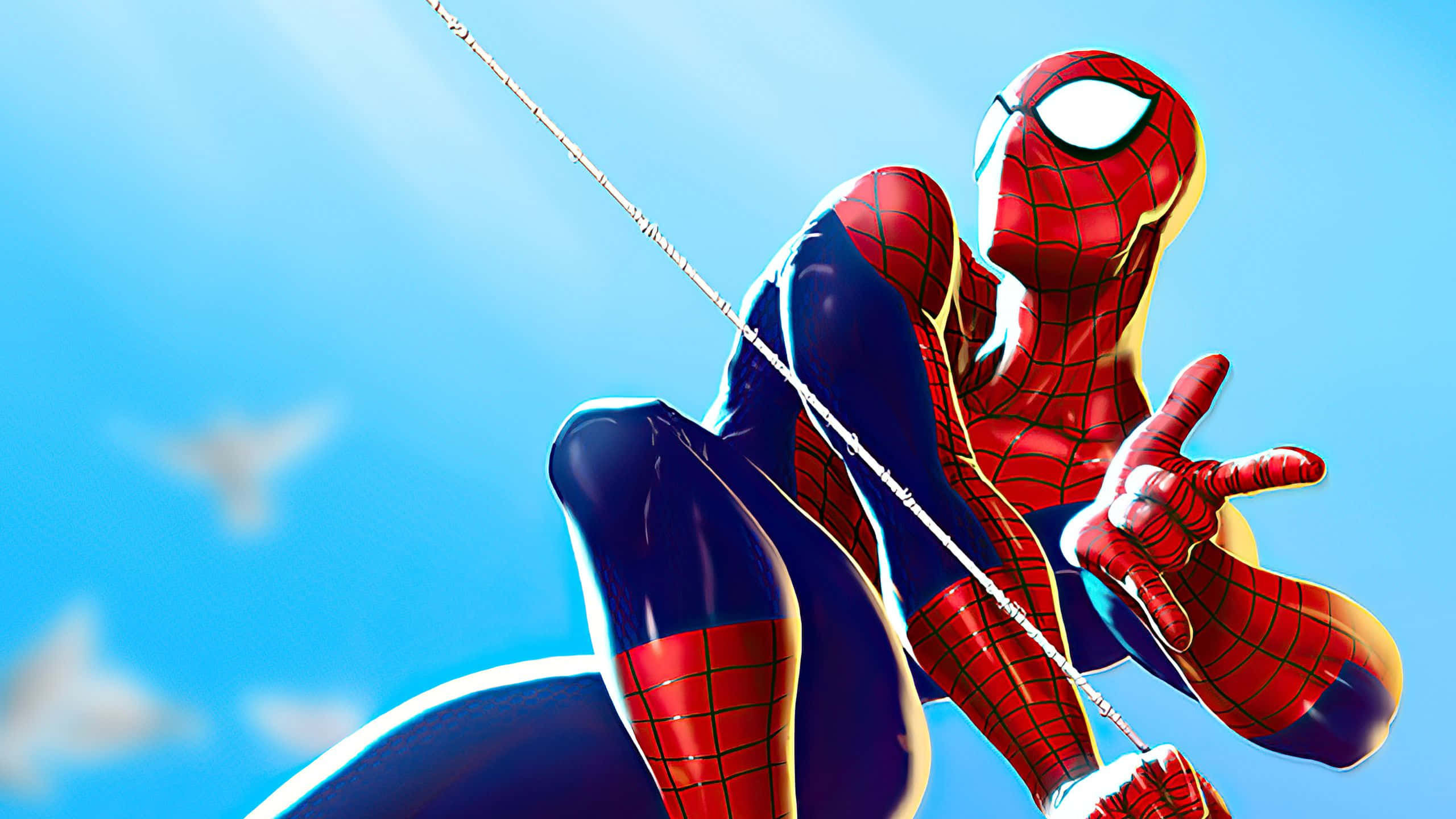 Web-slinging 桌布 壁紙 — 蜘蛛俠在陽光和遠處雲朵的明亮藍天下動態擺盪。
