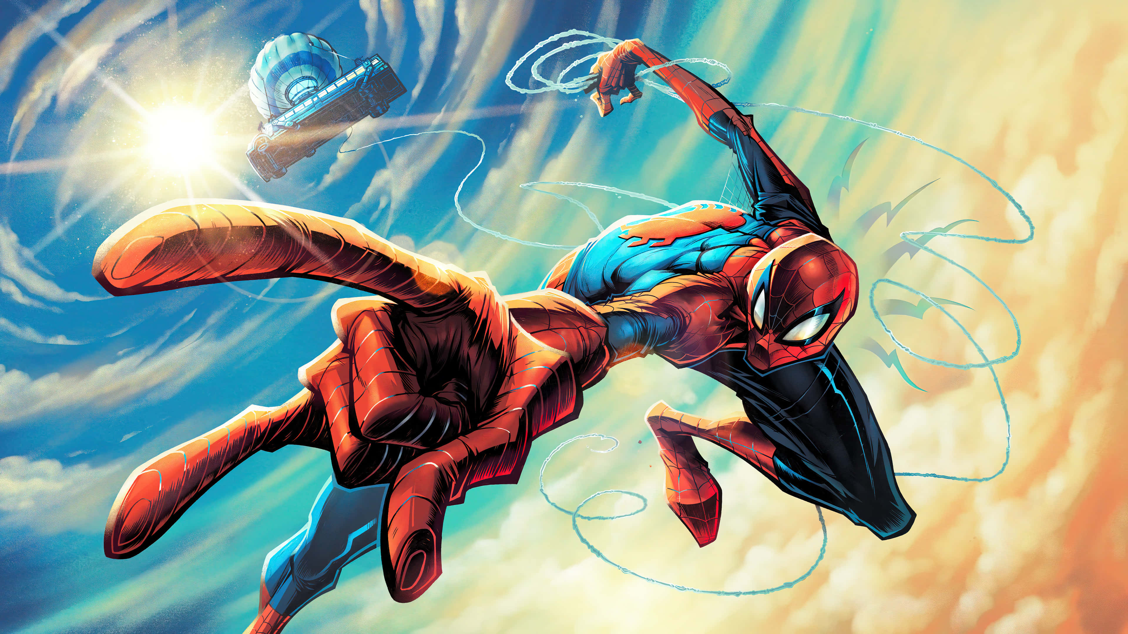 Spider-man Web Slinging 桌布 壁紙 — 蜘蛛俠在陽光明媚的天空中動態擺盪，背景有一架飛行車輛。