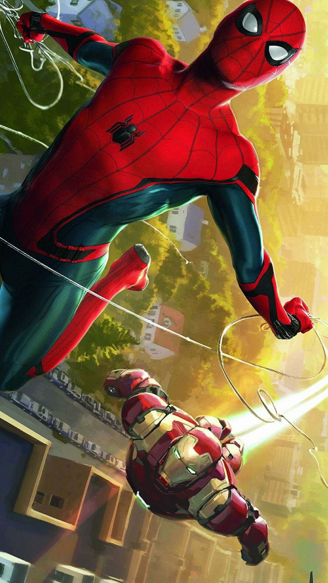 Iron Man And Spider-man 桌布 壁紙 — 蜘蛛俠在陽光普照的城市景觀上動態擺盪，而鐵甲奇俠則在下方穿著發光裝甲飛行。