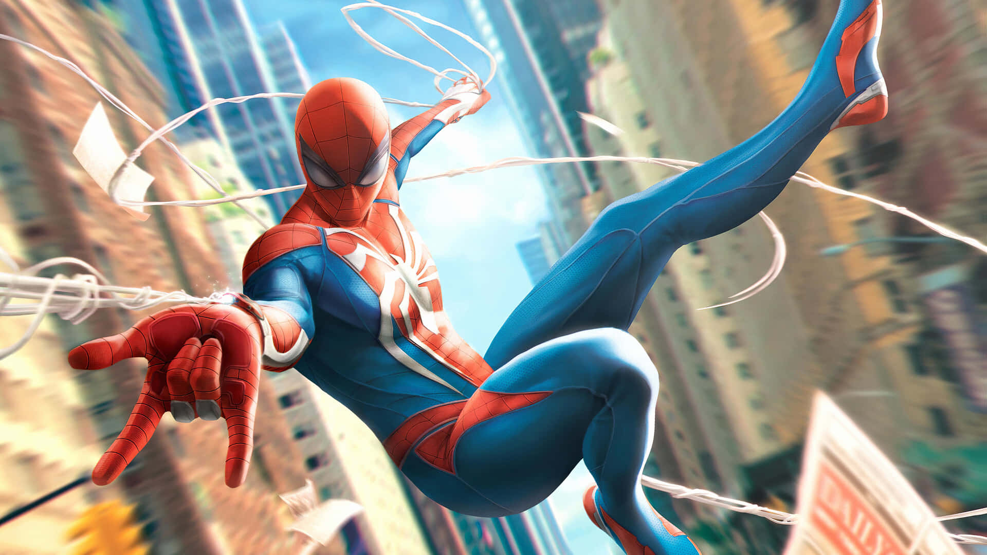 Spider-man Web Slinging 桌布 壁紙 — 蜘蛛俠在陽光普照的城市景觀中動態擺盪，摩天大樓在他蜘蛛網路徑下模糊不清。