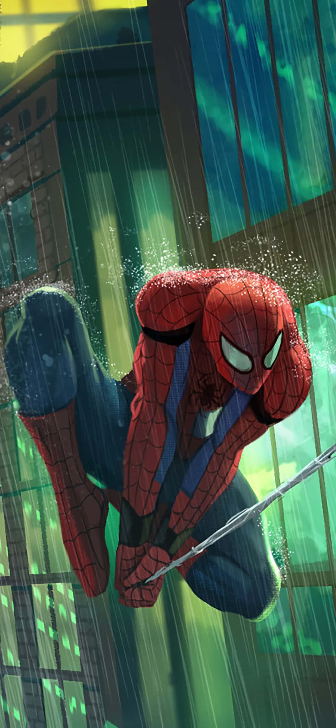 Web-slinging 桌布 壁紙 — 蜘蛛俠在雨中的城市景觀中擺盪，霓虹燈光在濕漉漉的玻璃建築上反射。
