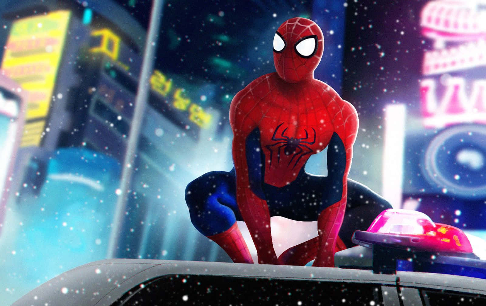Friendly Neighborhood Spider-man 桌布 壁紙 — 蜘蛛俠在雪夜霓虹燈城市景觀中蹲在警車上。