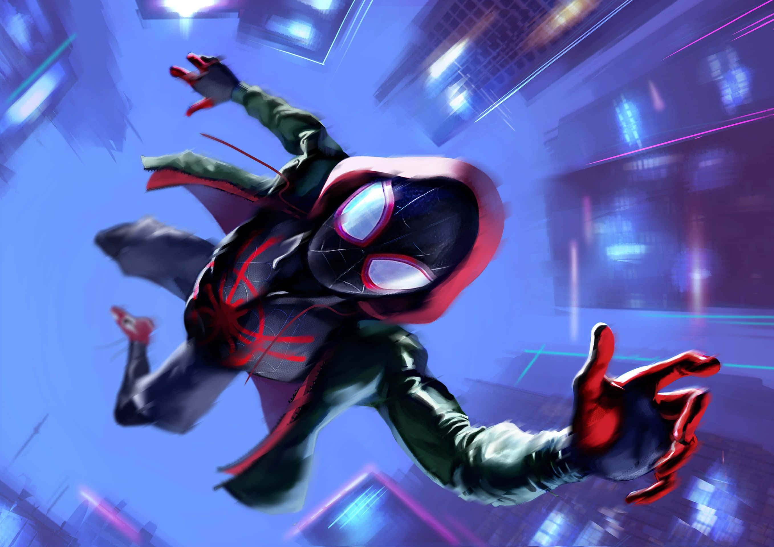 Miles Morales 動漫 桌布 壁紙 — 蜘蛛俠在霓虹燈閃爍的未來城市景觀中動態擺盪，藍色和紫色的光芒呼嘯而過。