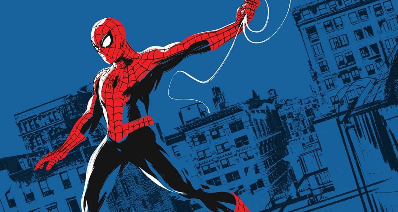 Spider-man Web Slinging 桌布 壁紙 — 蜘蛛俠在風格化的藍色城市景觀中擺盪，身後拖著蜘蛛網線。