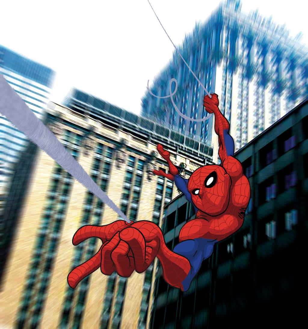 Web-slinging 桌布 壁紙 — 蜘蛛俠在高聳的城市摩天大樓之間動態擺盪，動態模糊強調速度。