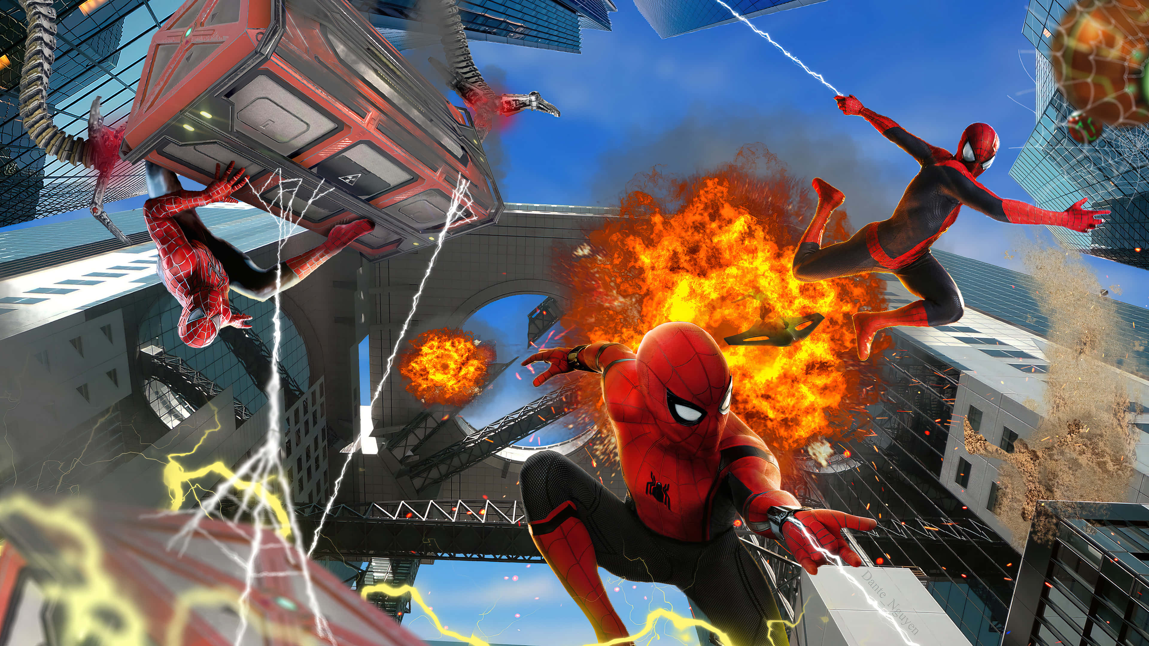 Spider Man No Way Home 桌布 壁紙 — 蜘蛛俠在高聳的摩天大樓間穿梭，躲避爆炸和閃電。