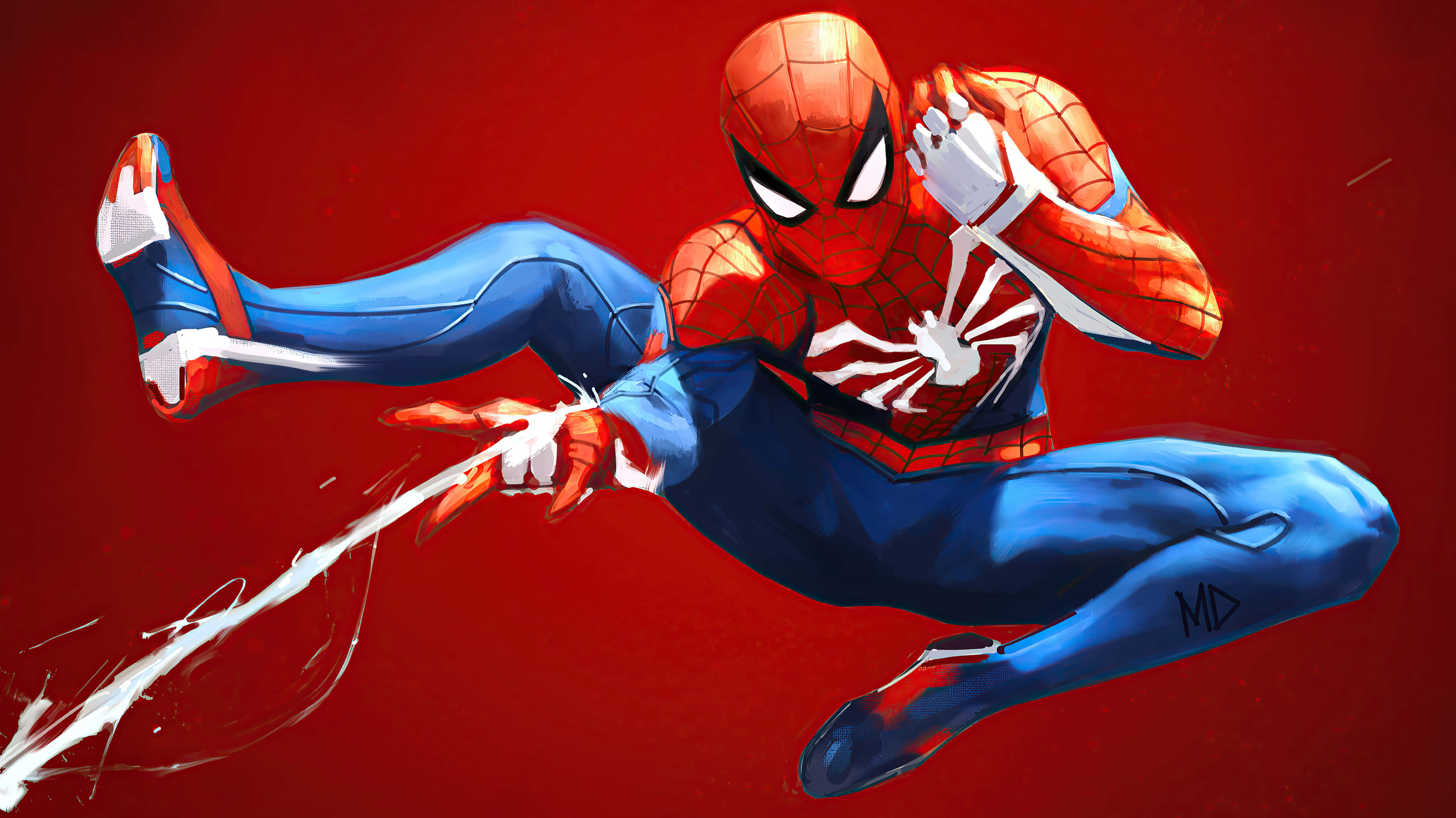 Spider-man Web Shooter 桌布 壁紙 — 蜘蛛俠在鮮紅色背景上動態擺動，手中拖出白色蛛網。