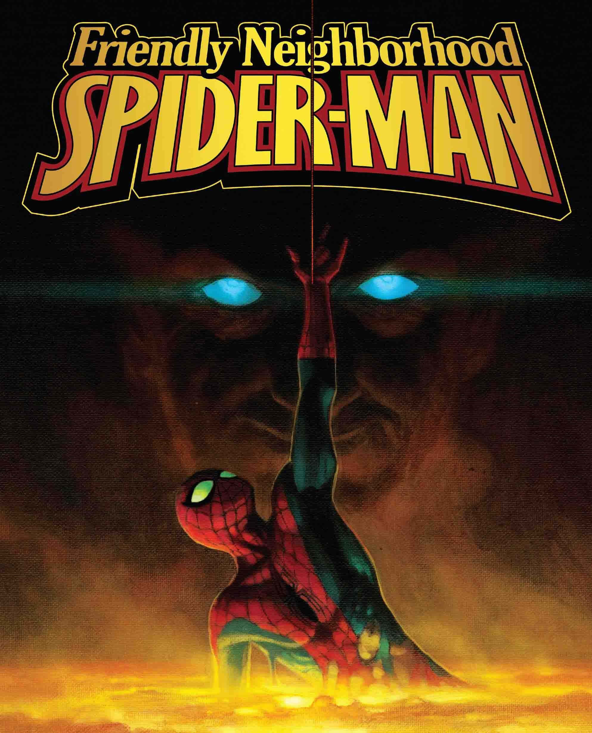 Friendly Neighborhood Spider-man 桌布 壁紙 — 蜘蛛俠在黑暗背景下向上伸手，身後有發光的藍色眼睛隱約出現。