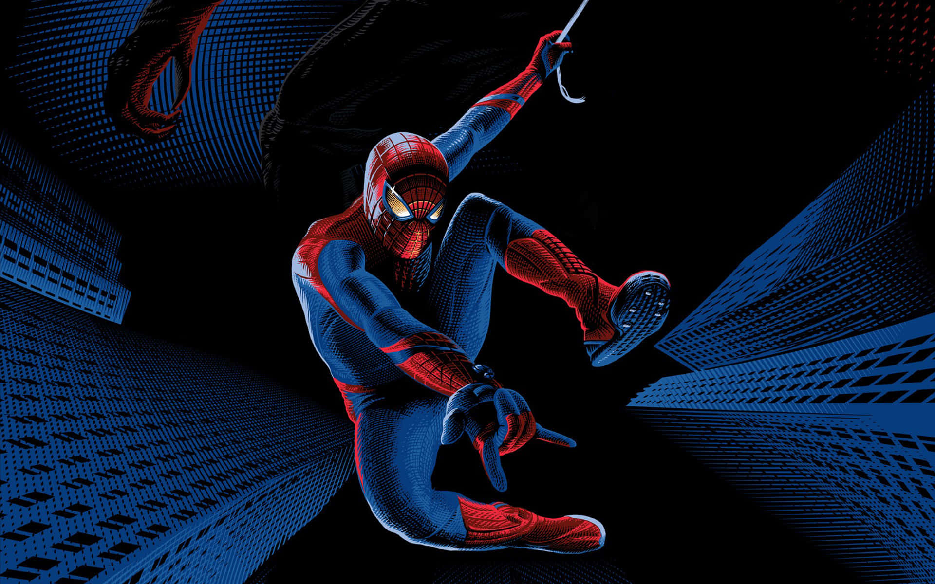 the amazing spider man 桌布 壁紙 — 蜘蛛俠在黑色背景上以鮮明的藍色和紅色半色調圖案呈現的風格化城市景觀中動態擺盪。